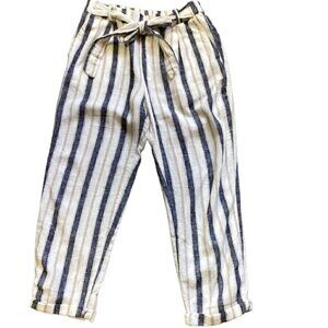 Love Tree Striped Cropped Linen Viscose Belted Pants S 144A